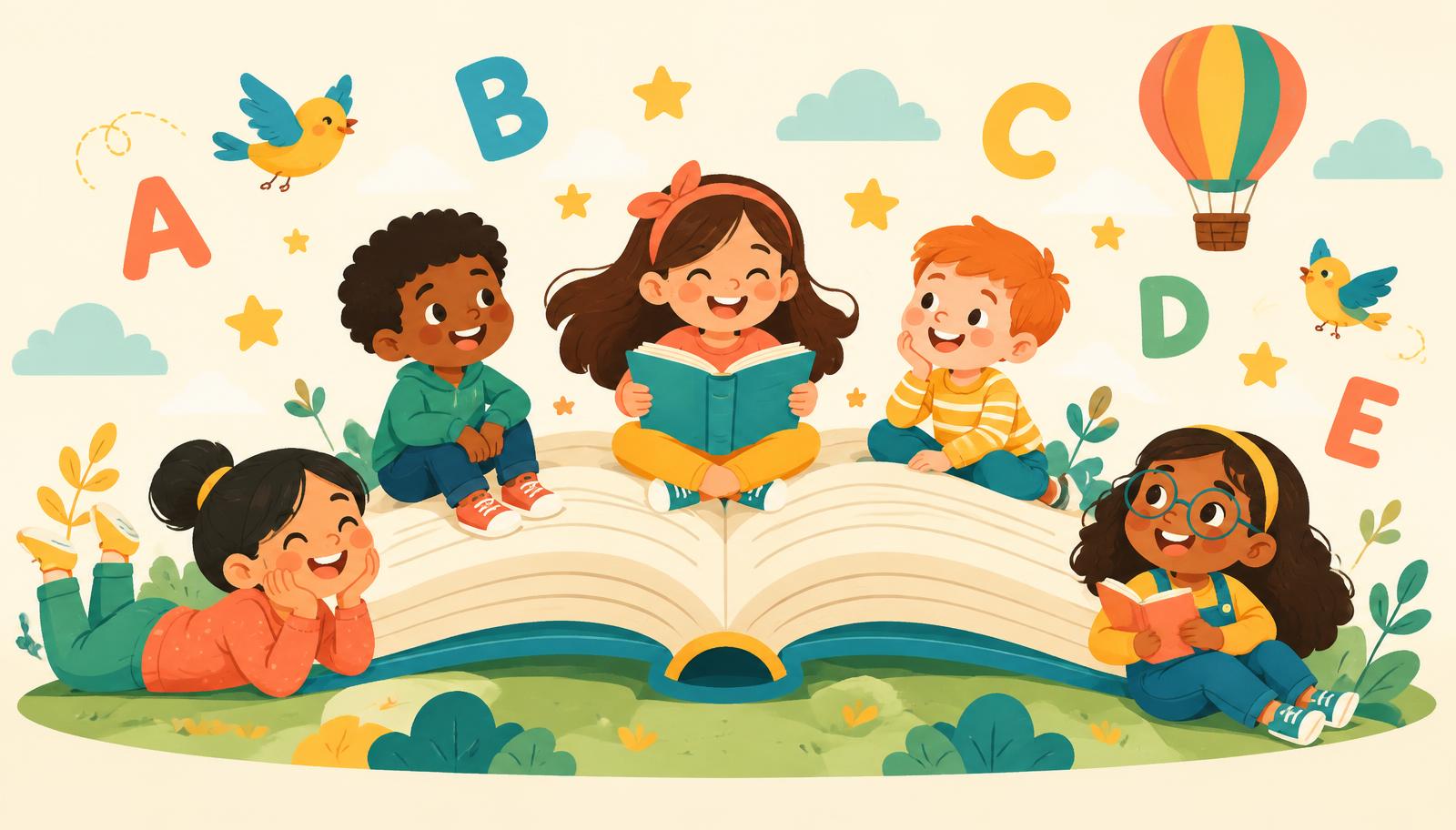 Niños felices leyendo libros ilustrados